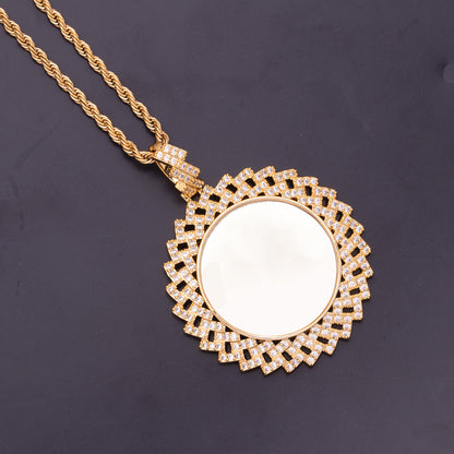 Blank Reverse Side Gold Geometric Square CZ Custom Photo Pendant Unengraved Round Medallion Jewelry