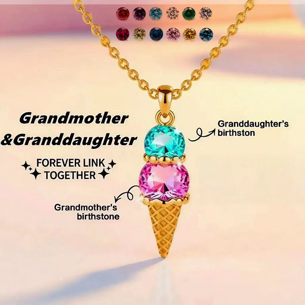 Gold plated brass ice cream necklace with two colored cubic zirconia birthstones for grandma and granddaughter with text annotation
