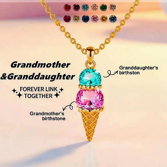 Gold plated brass ice cream necklace with two colored cubic zirconia birthstones for grandma and granddaughter with text annotation