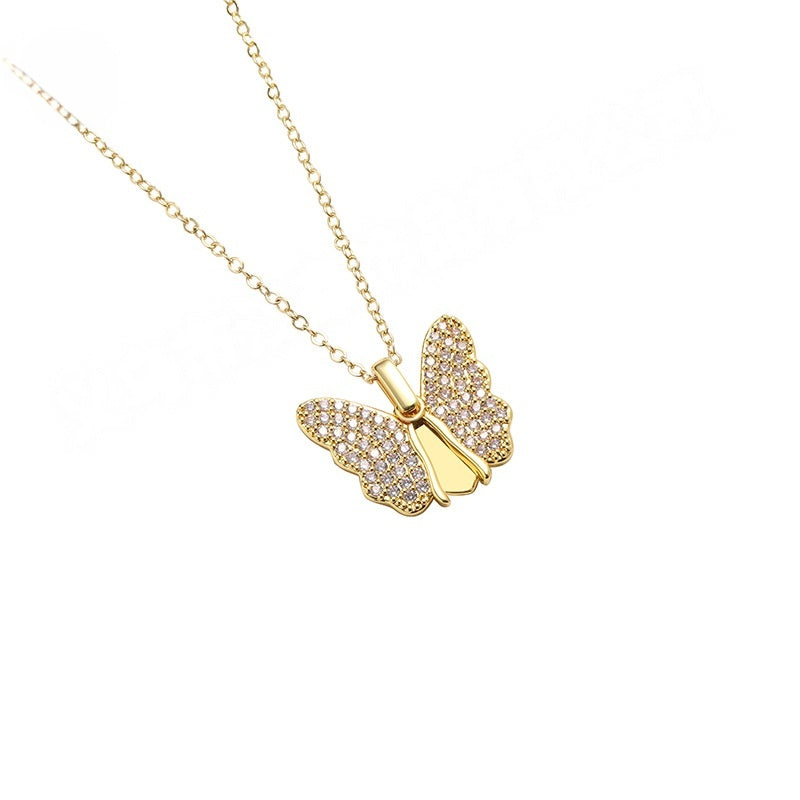 Gold Plated Brass Full Cubic Zirconia Inlaid Butterfly Locket Necklace Custom Engravable Keepsake Pendant for Ladies