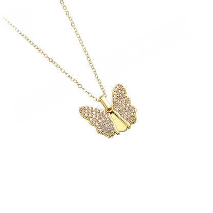 Gold Plated Brass Full Cubic Zirconia Inlaid Butterfly Locket Necklace Custom Engravable Keepsake Pendant for Ladies