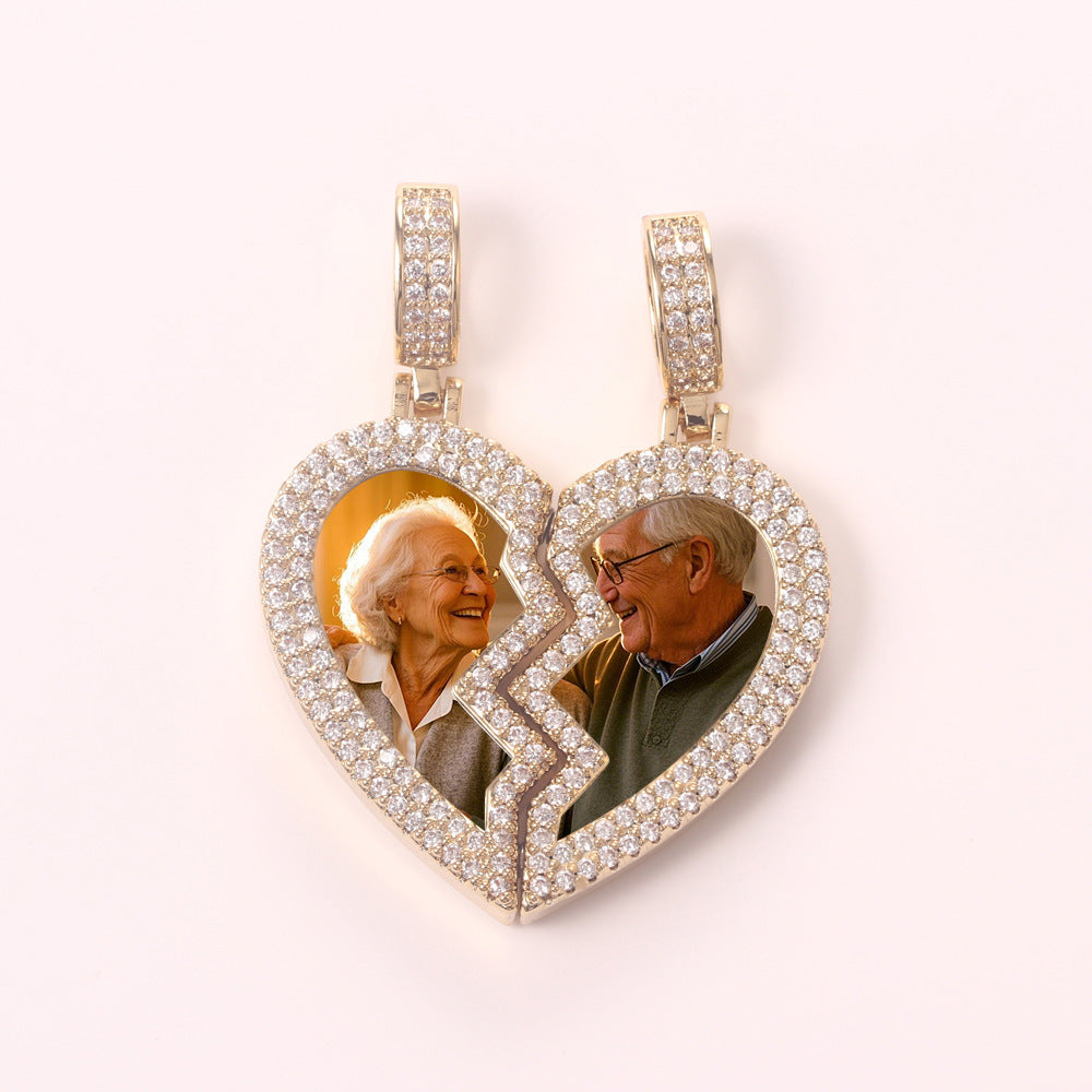 gold zircon broken heart photo necklace, custom elder couple portrait interlocking matching jewelry for lovers