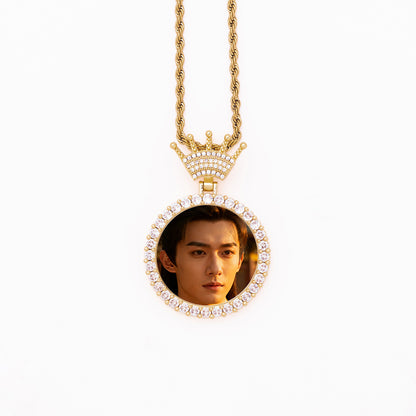 Gold Bling Crown Custom Photo Pendant Round CZ Diamond Frame Personalized Picture Necklace For Couple Memorial Gift