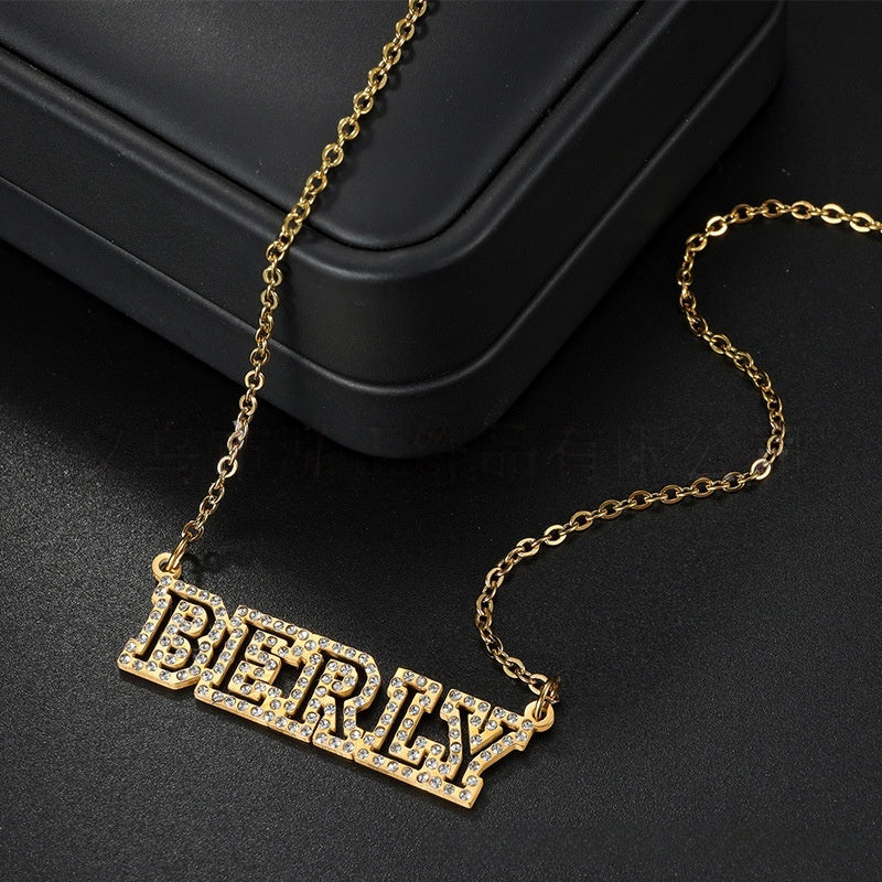 Side view custom cubic zirconia hollow name pendant necklace, shiny cubic zirconia embedded personalized name jewelry