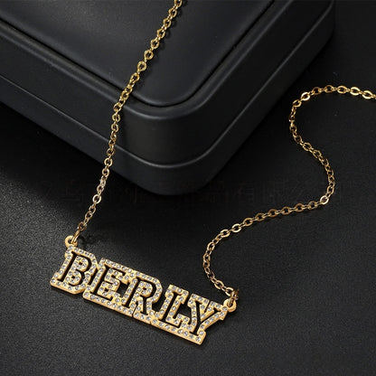 Side view custom cubic zirconia hollow name pendant necklace, shiny cubic zirconia embedded personalized name jewelry
