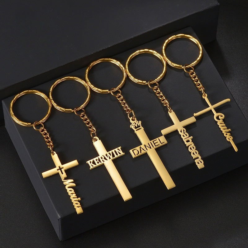 18K gold personalized engraved cross name keychain collection, custom religious faith key rings for baptism gift