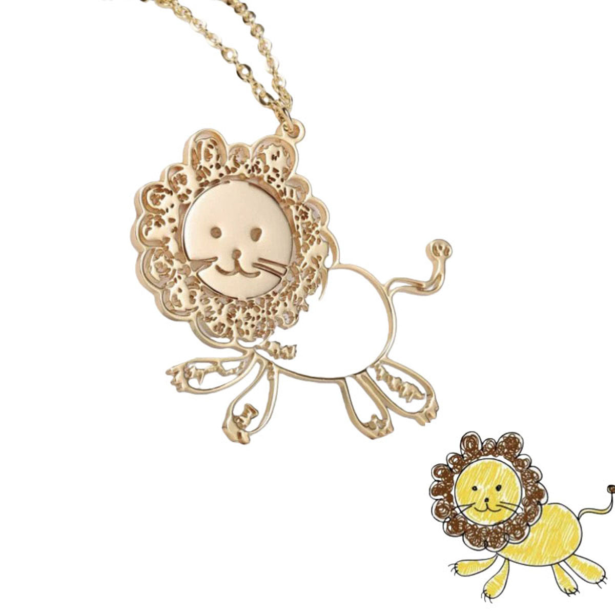 1. Gold Custom Lion Kid Doodle Outline Pendant Personalized Child Hand Sketch Stainless Steel Hollow Keepsake Necklace