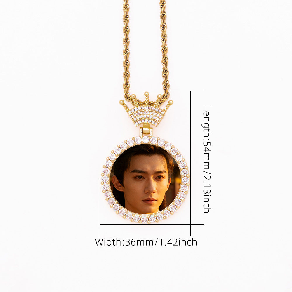 Size Chart Gold Crown Personalized Photo Necklace Iced Out Round Diamond Frame Custom Portrait Jewelry Measurement