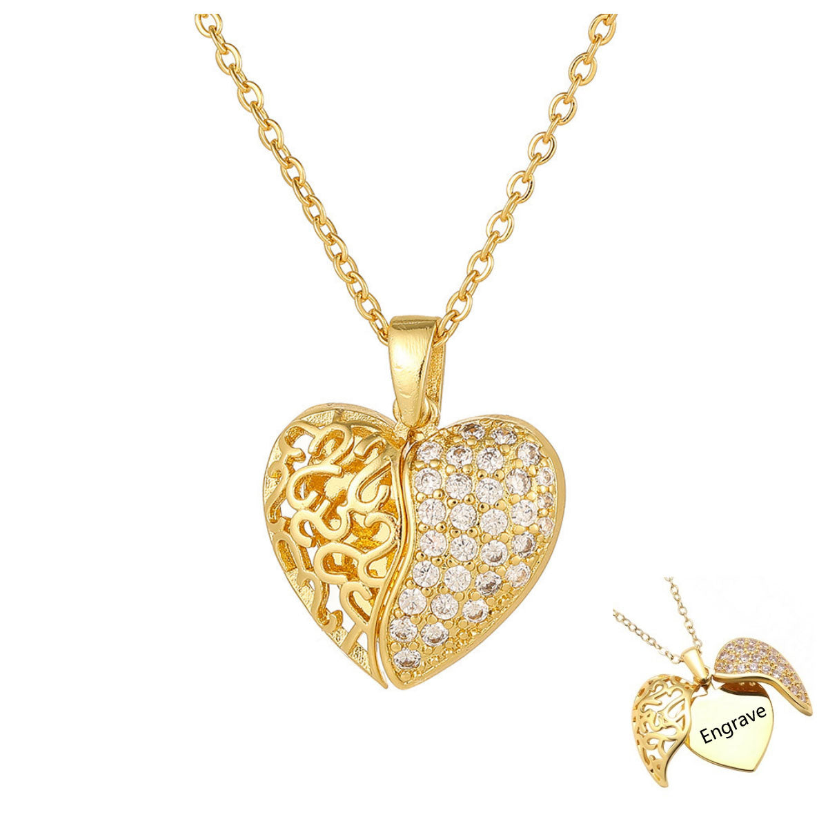 Gold Plated Brass Split Heart Locket One Side Filigree Hollow One Side Paved Cubic Zirconia Angel Wing Pendant Necklace