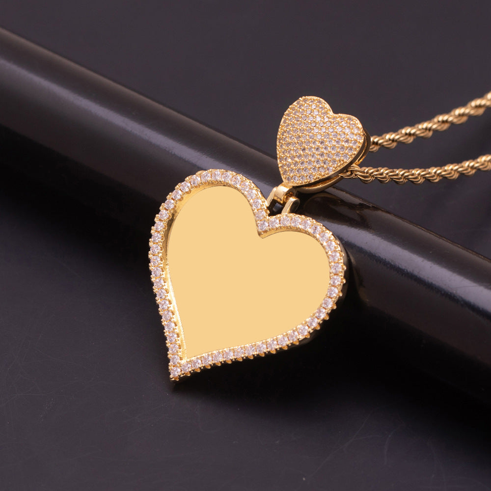 Solid Gold Tone Brass Dual Stacked Heart Photo Pendant Full Cubic Zirconia Rim Blank Interior For Custom Portrait Printing Womens Necklace