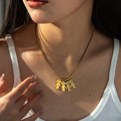 18K gold custom family silhouette necklace personalized kids figure pendant worn on woman neck, sentimental mom jewelry gift