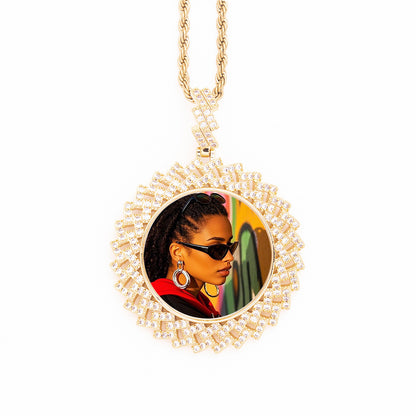 Luxury Iced Geometric Square Cubic Zirconia Custom Photo Pendant Personalized Portrait Memory Keepsake Hip Hop Jewelry