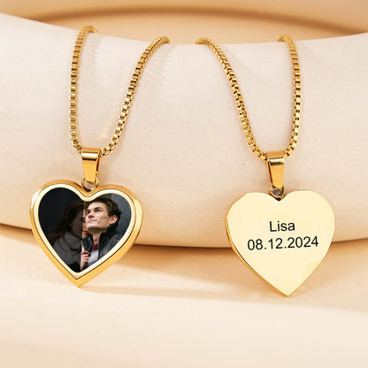 Gold titanium steel heart necklace set with heat activated hidden picture and custom engraved text for sentimental gift