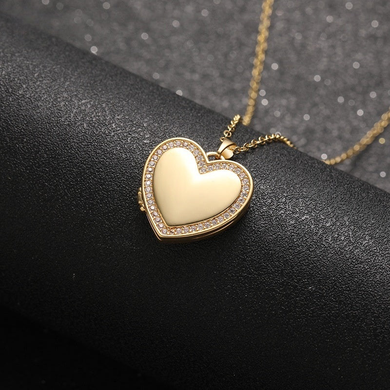 Close Up Shot Gold Brass Bezel CZ Framed Heart Open Photo Locket Necklace Women Casual Wear Memory Keepsake Jewelry