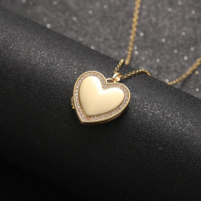 Close Up Shot Gold Brass Bezel CZ Framed Heart Open Photo Locket Necklace Women Casual Wear Memory Keepsake Jewelry