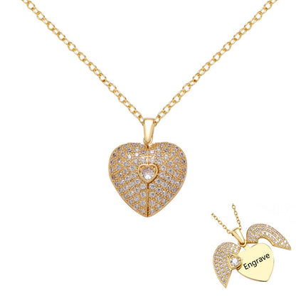 Gold Plated Brass Paved Cubic Zirconia Heart Locket Necklace With Tiny Angel Wing Charm Custom Engravable Pendant