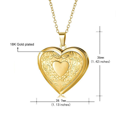 Size reference chart of 18k gold plated heart photo locket pendant, custom engraved memory jewelry
