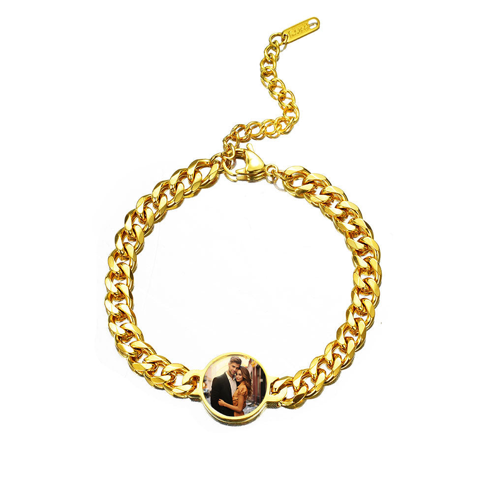 Gold plated stainless steel cuban bracelet with heart hidden photo activated by body warmth