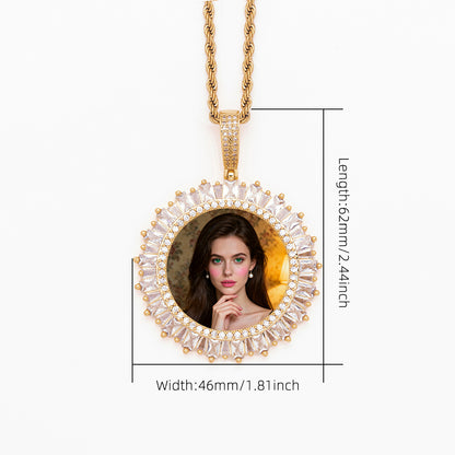 Size Measurement Chart Gold Sunburst CZ Custom Photo Pendant Baguette Cubic Zirconia Frame Personalized Portrait Medallion Necklace
