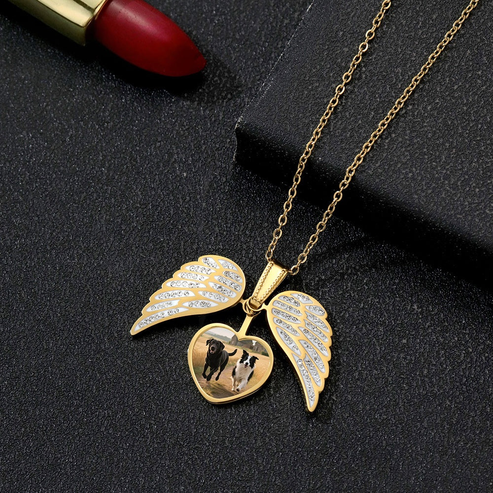 Lifestyle shot gold angel wing heart photo necklace, sentimental custom portrait jewelry gift for women