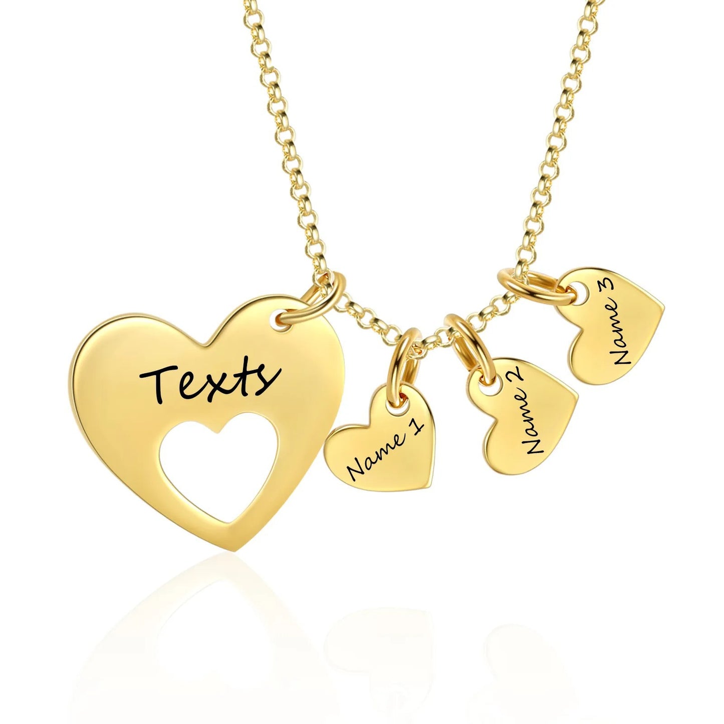 Personalized gold hollow heart pendant necklace with multiple engraved mini heart charms, custom family name jewelry