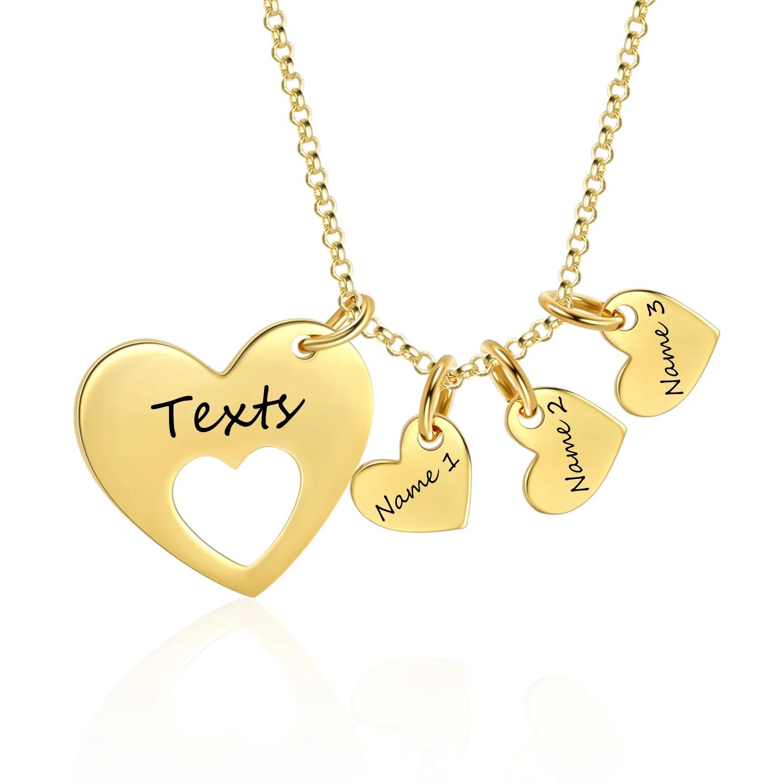 Personalized gold hollow heart pendant necklace with multiple engraved mini heart charms, custom family name jewelry