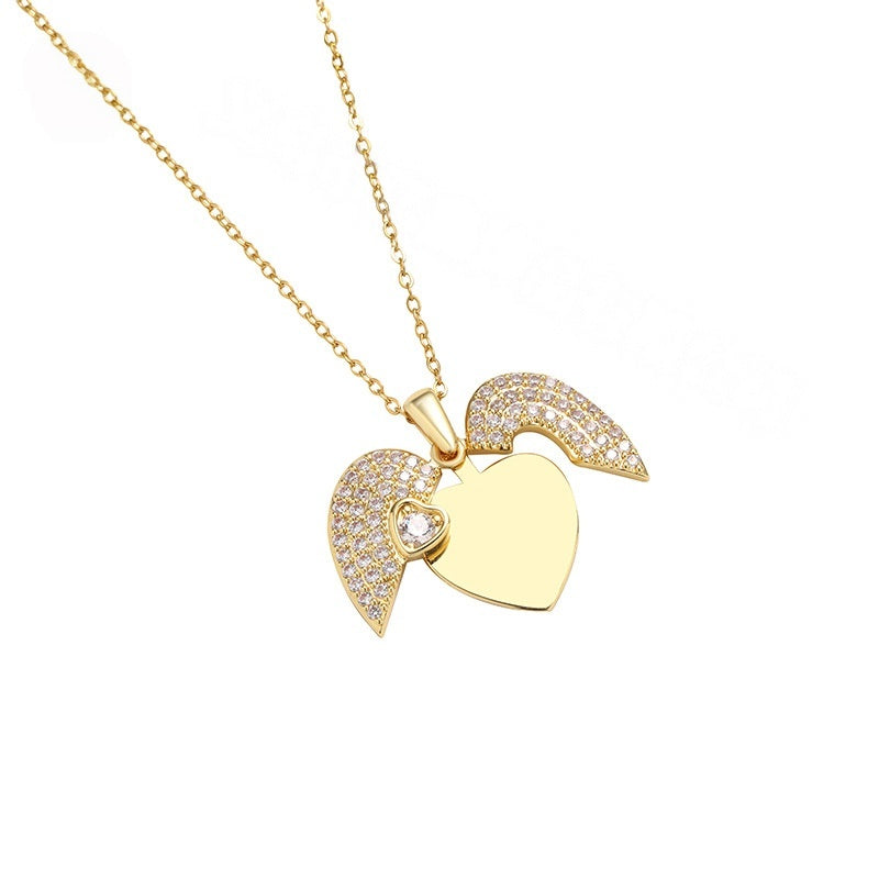 Gold Brass Angel Wing Heart Locket Necklace With Blank Inner Plate For Custom Engraving Cubic Zirconia Jewelry