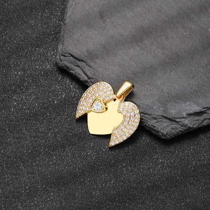 Opened Gold Brass Angel Wing Heart Locket Blank Interior Plate Personalized Engravable Cubic Zirconia Necklace