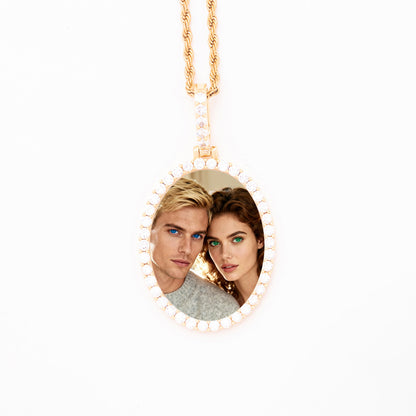Gold Tone Brass Full Pave CZ Border Oval Custom Photo Medallion Twisted Rope Chain HD Couple Picture Print Vintage Keepsake Necklace