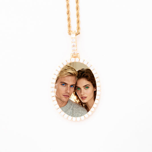 Gold Tone Brass Full Pave CZ Border Oval Custom Photo Medallion Twisted Rope Chain HD Couple Picture Print Vintage Keepsake Necklace