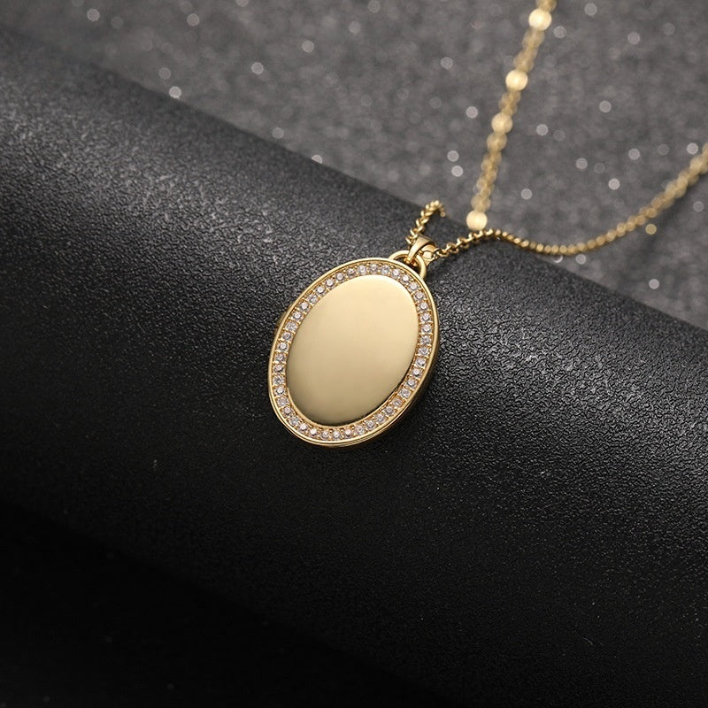 Dainty Gold Tone Brass Oval Photo Locket With CZ Edging Women Daily Wear Sentimental Memory Pendant Necklace