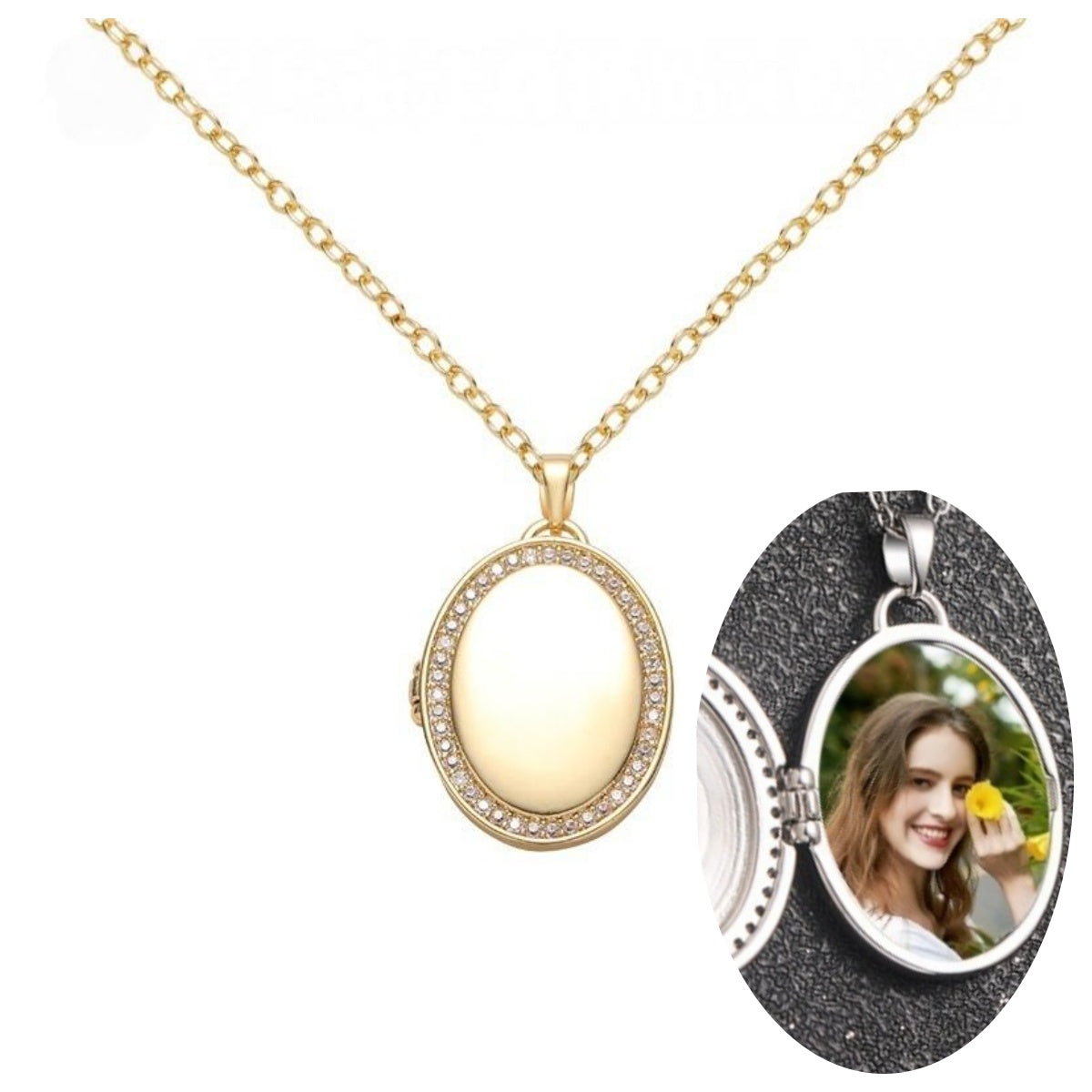 Gold Plated Cubic Zirconia Border Oval Brass Photo Locket Necklace Openable Pendant For Inserting Personalized Portrait Photos