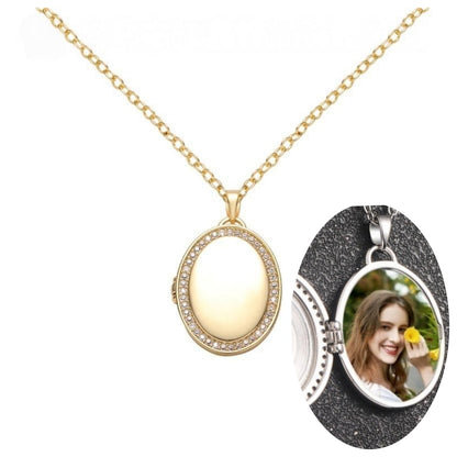 Gold Plated Cubic Zirconia Border Oval Brass Photo Locket Necklace Openable Pendant For Inserting Personalized Portrait Photos