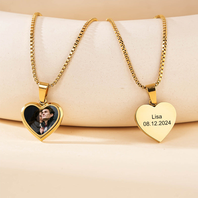 Gold rectangular dog tag hidden photo custom engraved matching couple necklaces