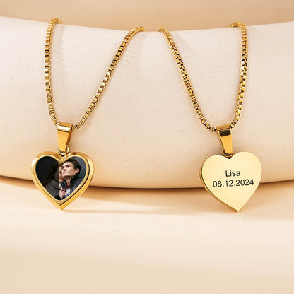 Gold rectangular dog tag hidden photo custom engraved matching couple necklaces