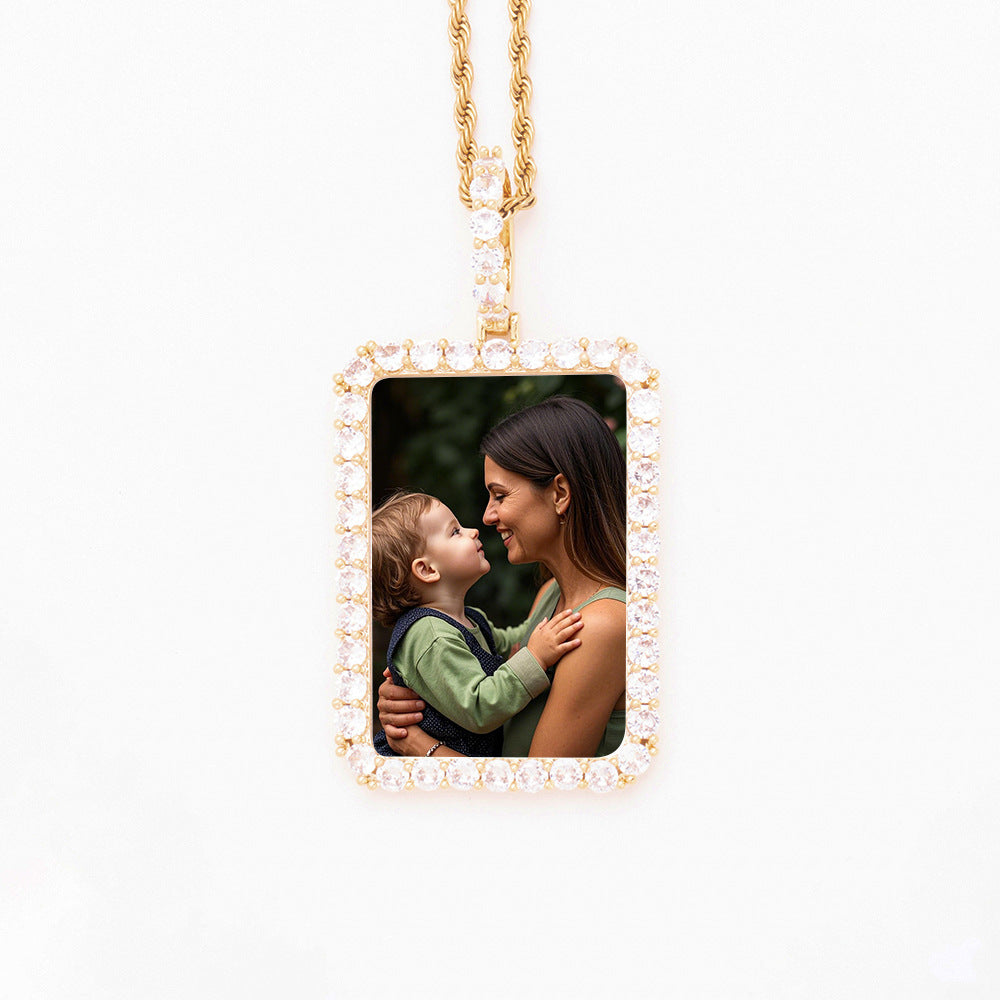 Gold Plated Brass Bezel CZ Framed Rectangle Dog Tag Necklace HD Custom Family Photo Print Cable Chain Sentimental Keepsake Jewelry