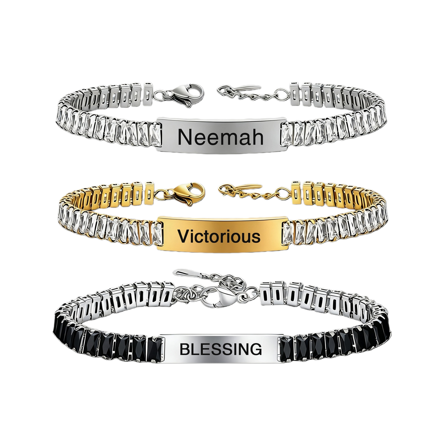 Three-color stainless steel engraved bar zircon bracelets (gold silver black) with sample engraved text display