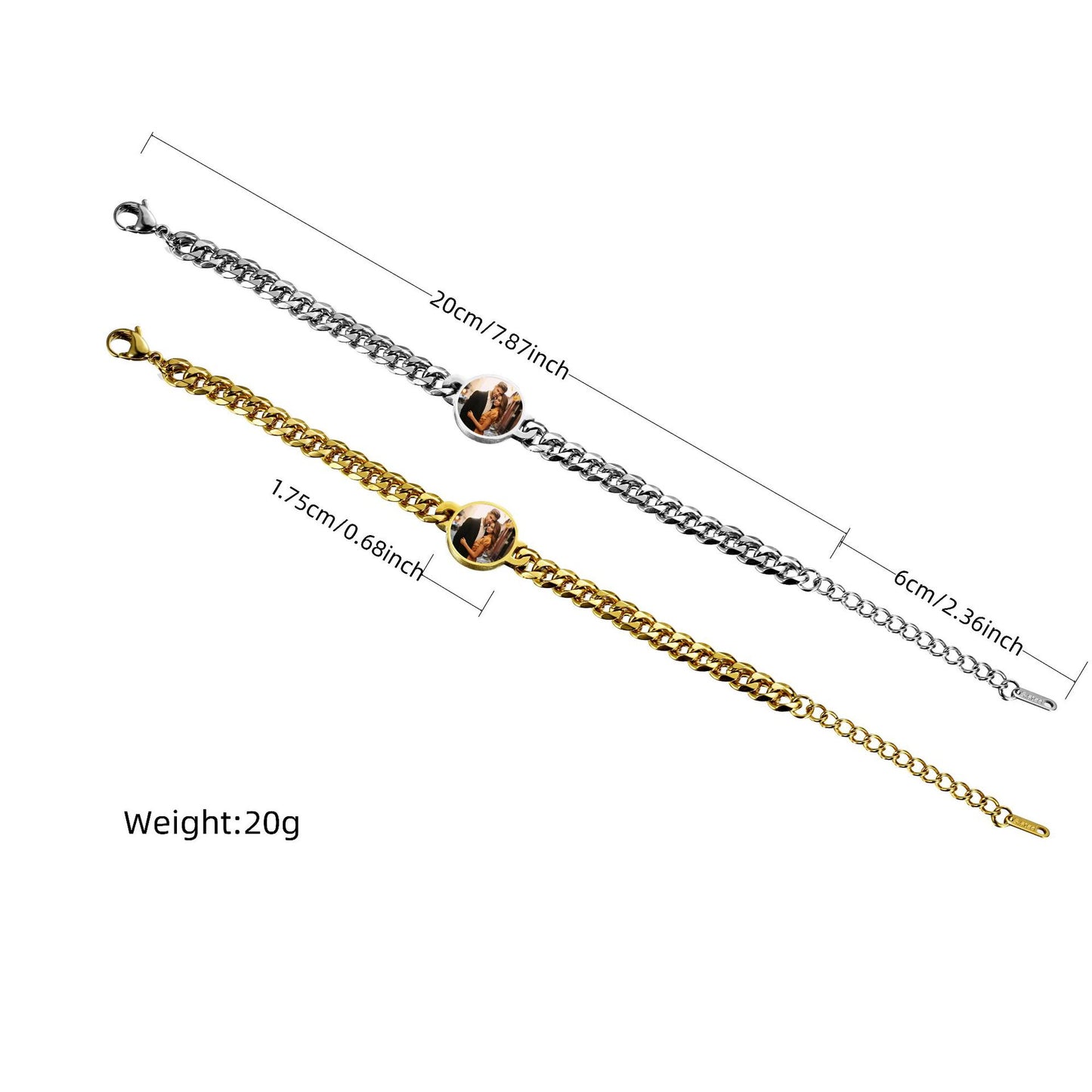 Gold and silver stainless steel heat reveal photo bracelets displayed together on black background