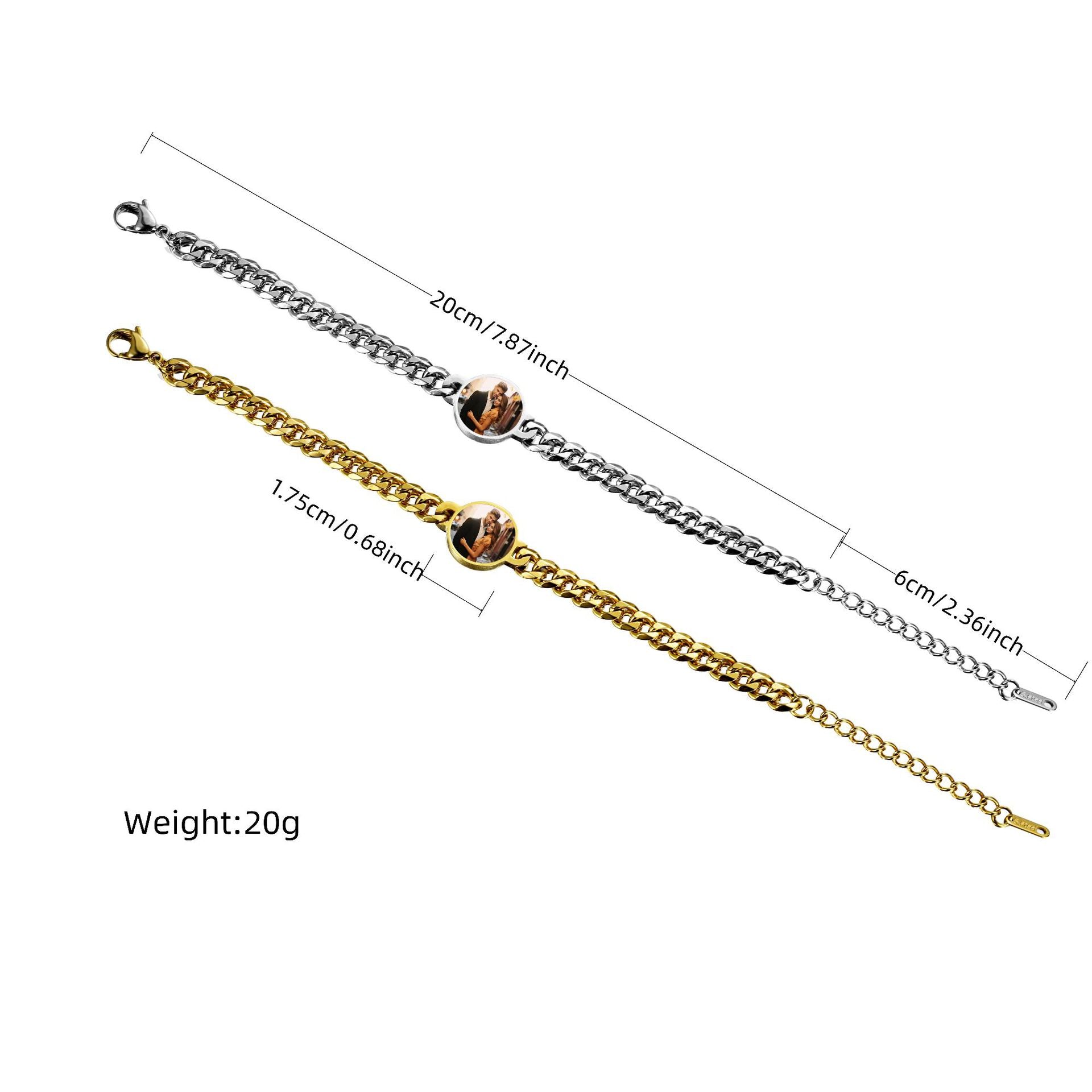Gold and silver stainless steel heat reveal photo bracelets displayed together on black background