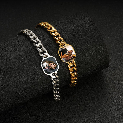 Gold and silver stainless steel heat reveal photo bracelets displayed together on black background