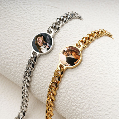 Matching gold & silver cuban bracelets with temperature sensitive hidden custom round photo pendant, stainless steel couple keepsake wrist jewelry