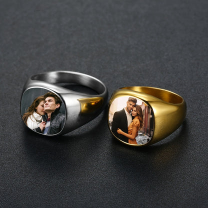 Matching gold & silver titanium steel signet rings with heat reactive hidden custom couple photo for couple keepsake gift