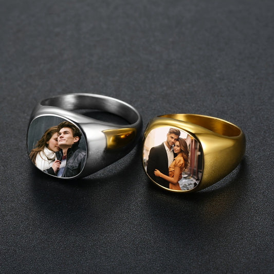 Matching gold & silver titanium steel signet rings with heat reactive hidden custom couple photo for couple keepsake gift