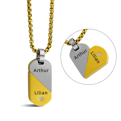 Close Up Gold Silver Split Heart Dog Tag Custom Engraved Name Detail Couple Matching Stainless Steel Pendant