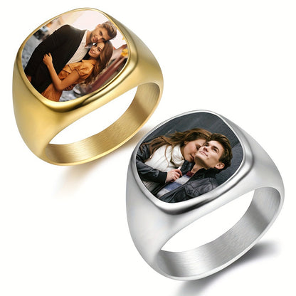 Gold and silver titanium heat reveal photo signet rings dual product display shot