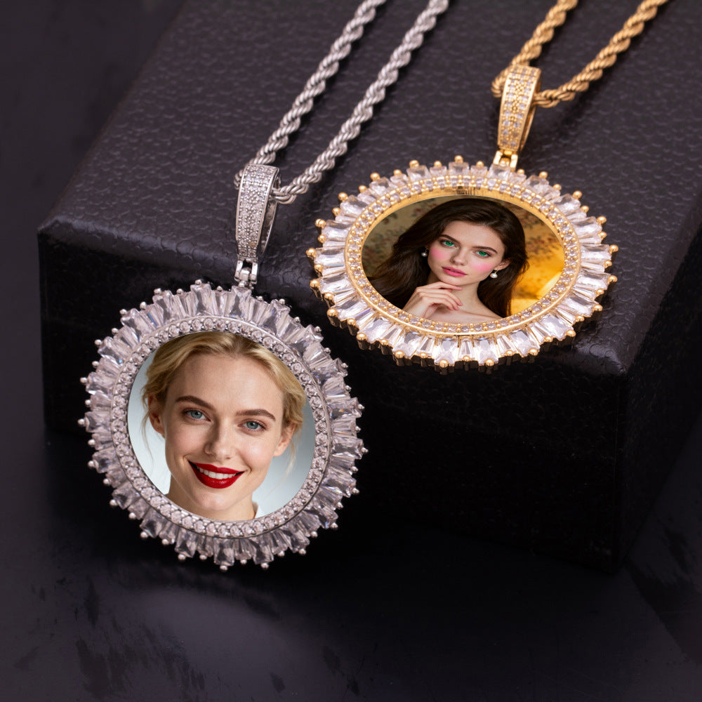 Gold & Silver Two Tone Sunburst Cubic Zirconia Custom Photo Medallion Necklace Baguette CZ Frame Personalized Portrait Jewelry Set
