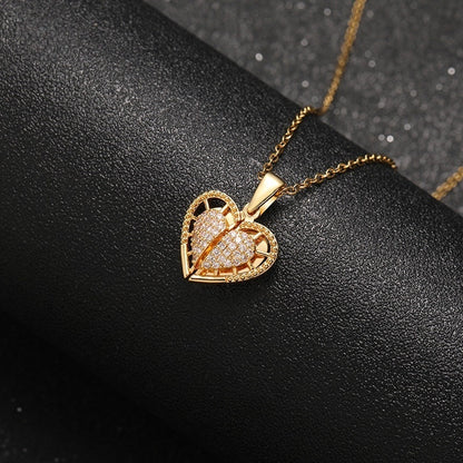 Dainty Gold Tone Brass Hollow Angel Wing Heart Locket Necklace Cubic Zirconia Trim Daily Wear Sentimental Keepsake Jewelry