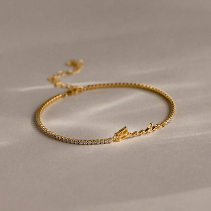 Gold custom name tennis bracelet flat view stainless steel jewelry