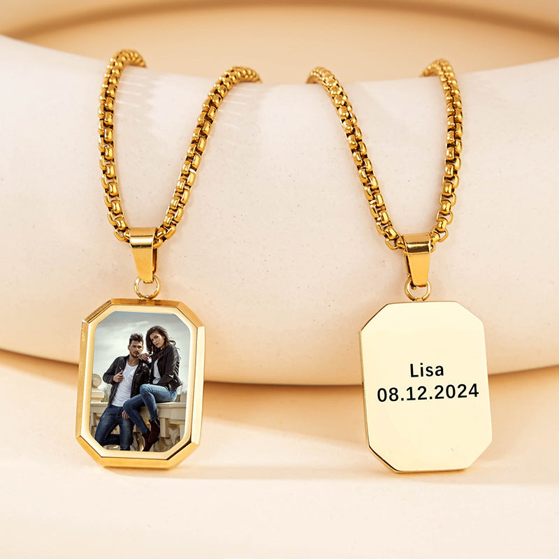 Gold titanium steel dog tag necklace, front heat-sensitive hidden photo, back personalized name date engraving, matching couple memory jewelry