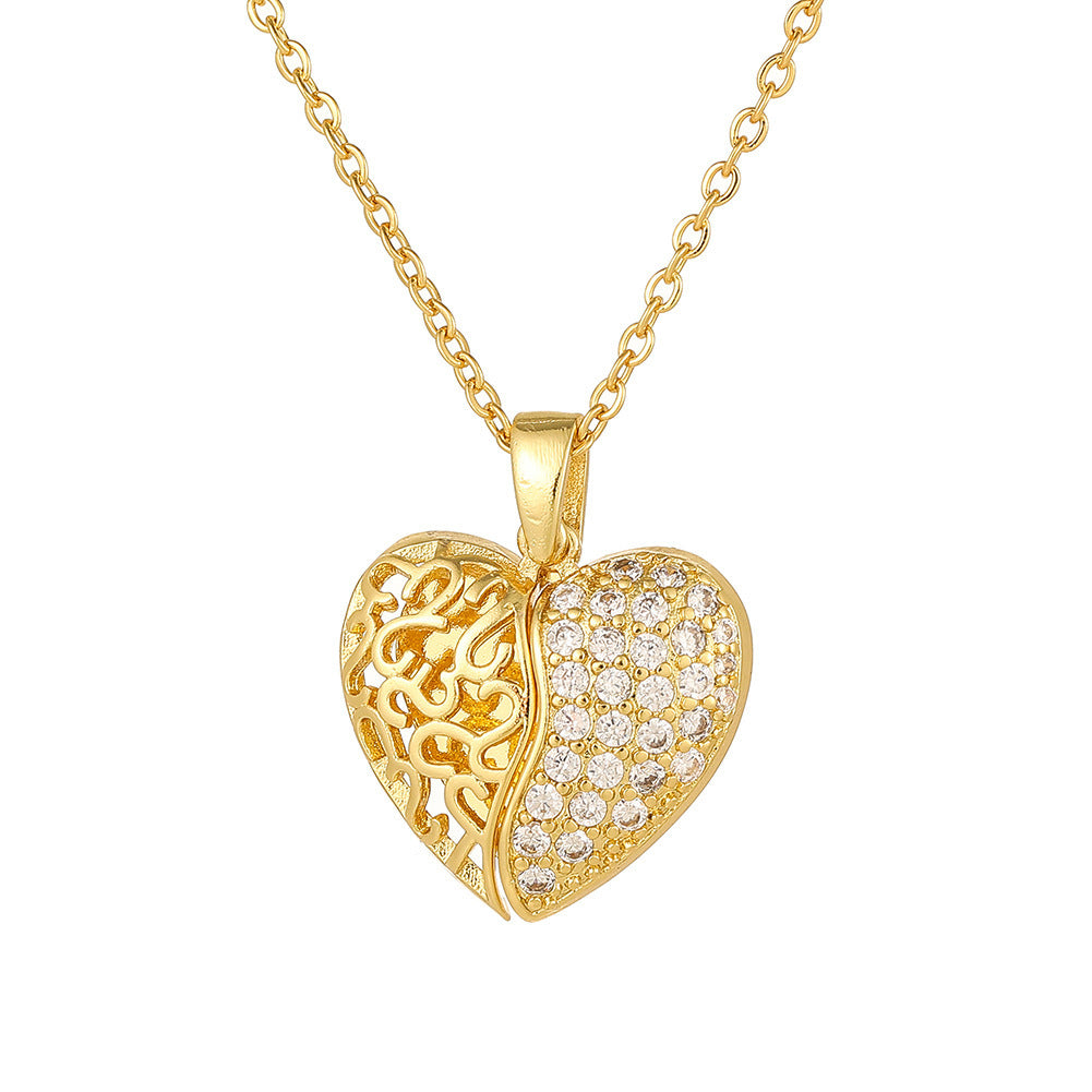 Dual Textured Gold Brass Heart Locket Necklace Filigree & Paved CZ Stones Angel Wing Custom Engraved Memory Jewelry